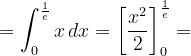 \dpi{120} =\int_{0}^{\frac{1}{e}}x\, dx=\left [ \frac{x^{2}}{2} \right ]_{0}^{\frac{1}{e}}=